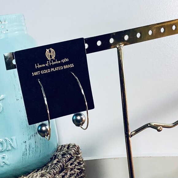 NEW House of Harlow 1960 14kt Gold Plated Brass Two Tone Demi Hoop Earrings - Picture 2 of 5